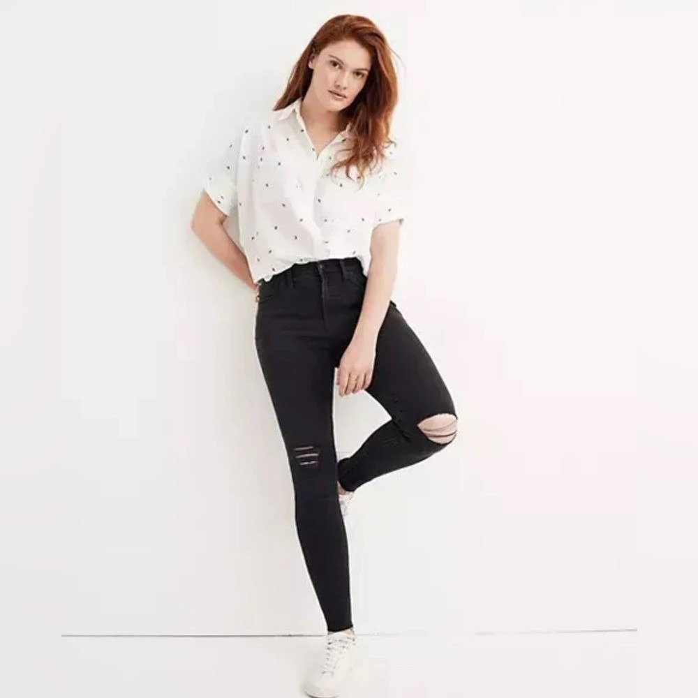 Madewell 9 Inch Mid-Rise Skinny Jeans Distressed Faded Black Raw Hem Size 28